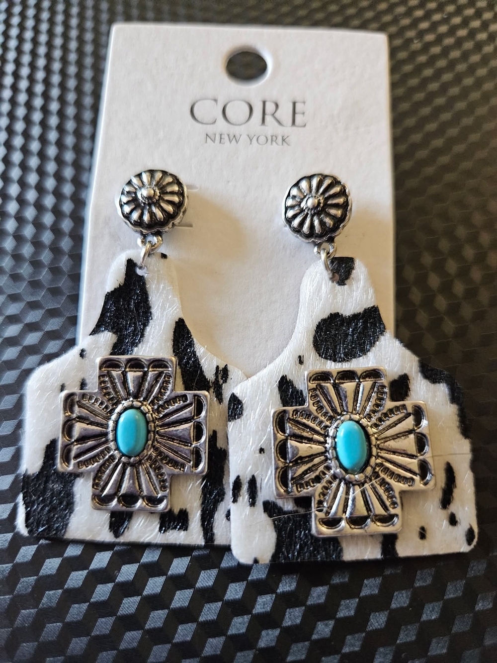 CORE New York Black & White Cowhide Earrings with Turquoise Accent